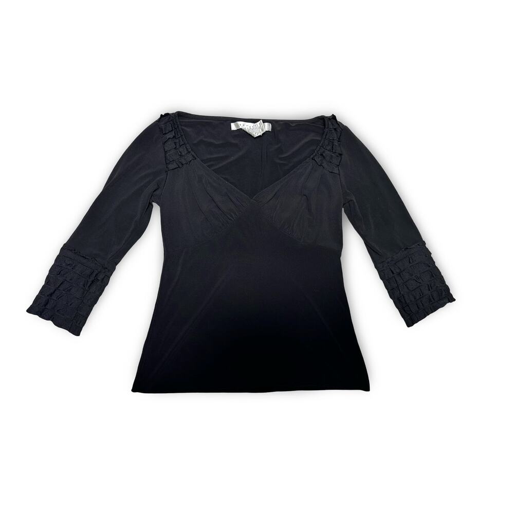 Vintage Studio M Black 3/4 Ruffle Sleeve V-neck Blouse Size XS